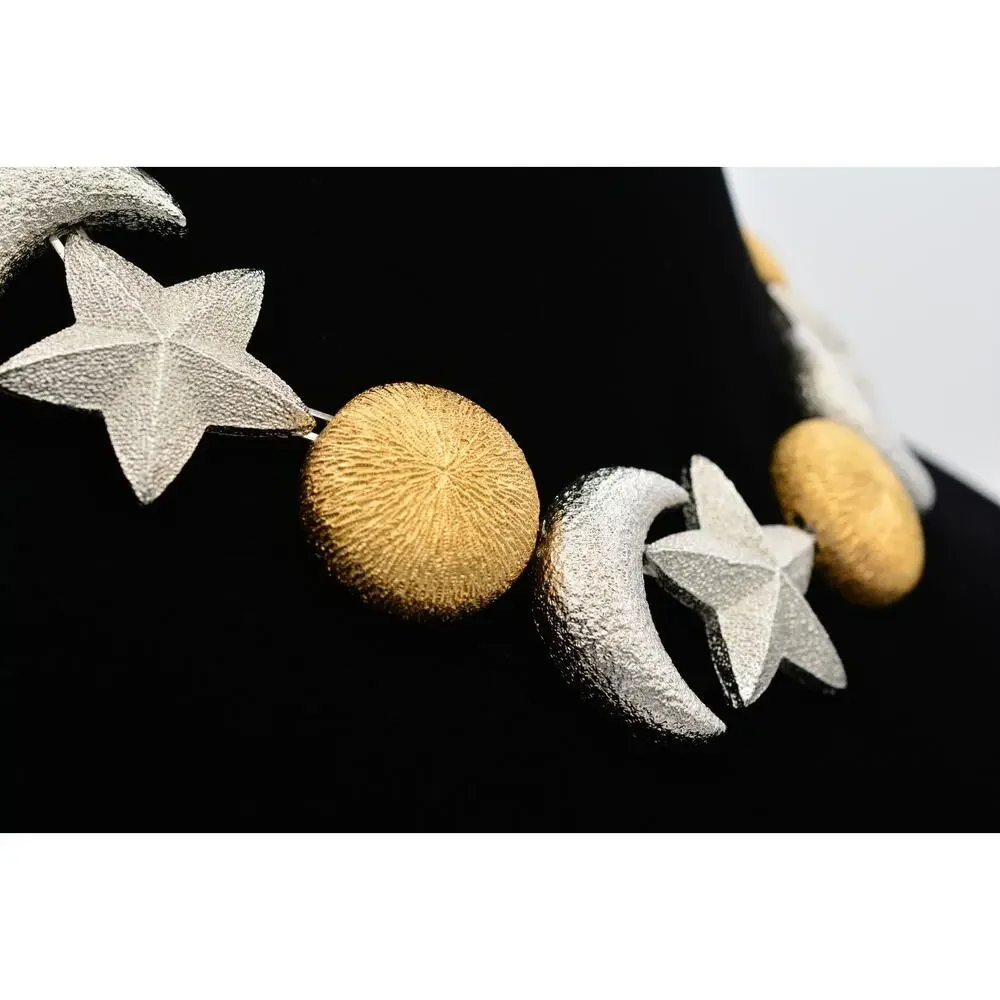 Christian Dior Vintage Celestial Moon Star Statement Necklace Silver Gold Chunky